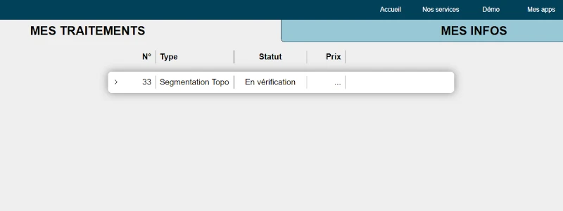 Interface de l'onglet 'Mes traitements' de la page 'Mon compte' lorsque le traitement de segmentation topographique est en vérification
